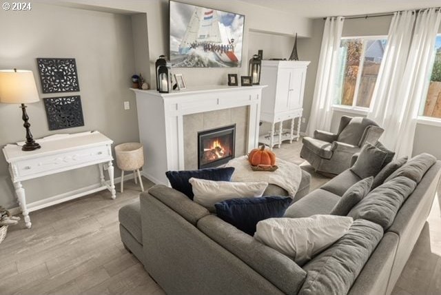 living room with hardwood / wood-style flooring and a fireplace