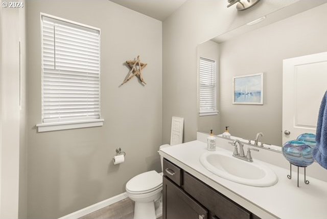 bathroom with toilet, vanity, and hardwood / wood-style flooring