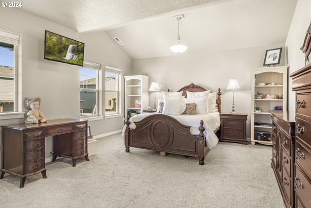 bedroom with a textured ceiling, vaulted ceiling, light colored carpet, and multiple windows