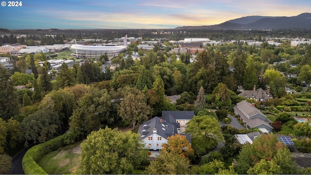 aerial view at dusk featuring a mountain view