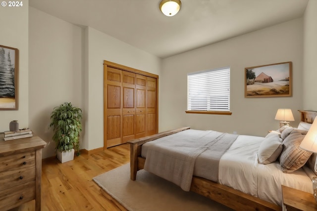 bedroom featuring light wood-type flooring and a closet