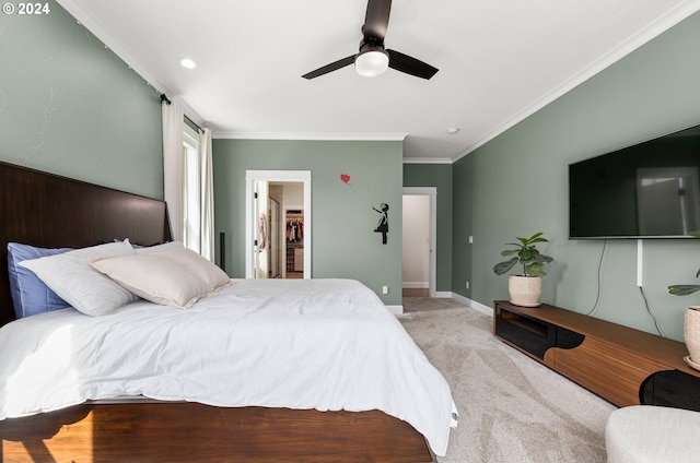 carpeted bedroom featuring ceiling fan, a spacious closet, and ornamental molding