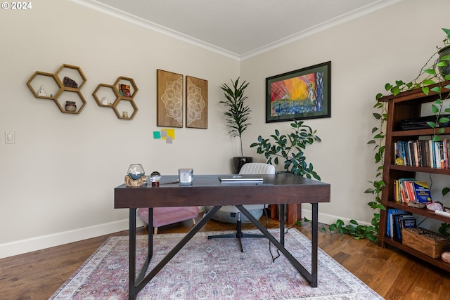 office featuring ornamental molding and wood-type flooring