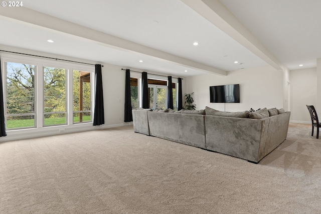 carpeted living room with beam ceiling and plenty of natural light