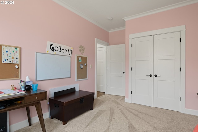 interior space with crown molding and light colored carpet