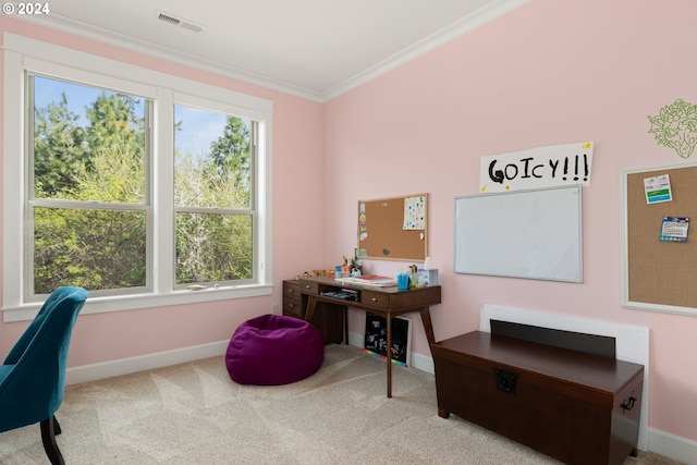 carpeted home office with ornamental molding