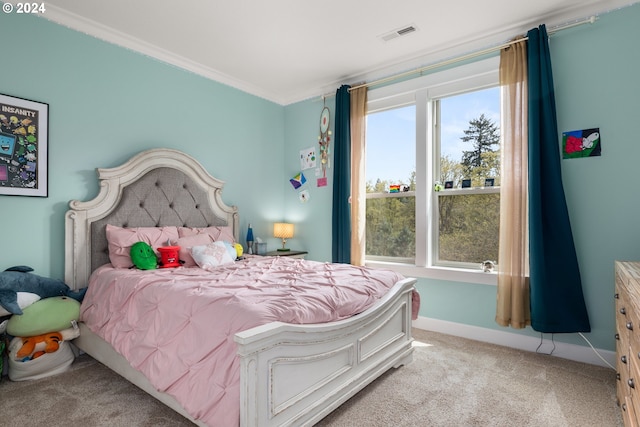 bedroom featuring ornamental molding, light carpet, and multiple windows