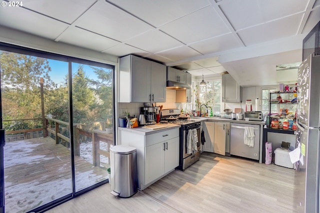 kitchen featuring appliances with stainless steel finishes, gray cabinetry, a healthy amount of sunlight, and light hardwood / wood-style flooring