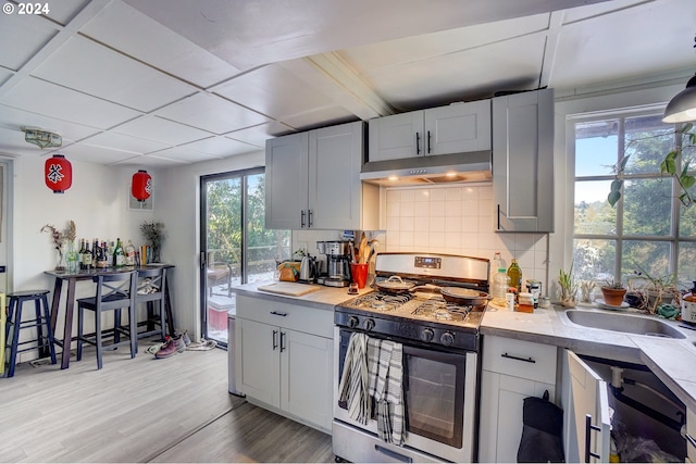 kitchen featuring light hardwood / wood-style flooring, sink, backsplash, and stainless steel range