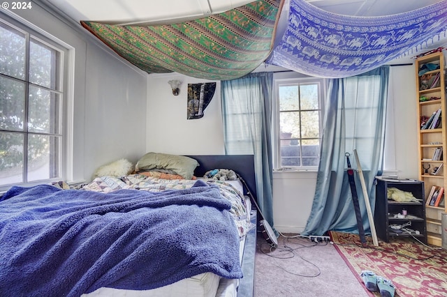 bedroom with light carpet and crown molding