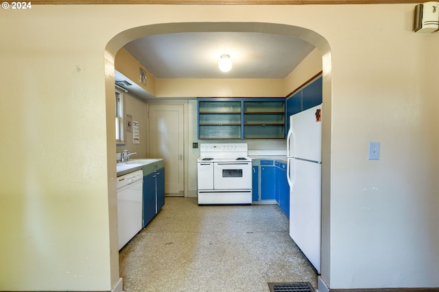 kitchen featuring blue cabinetry, white appliances, and sink