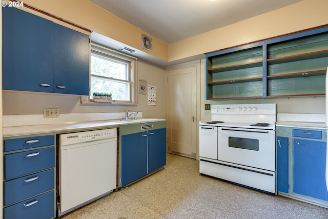 kitchen featuring blue cabinetry, sink, and white appliances