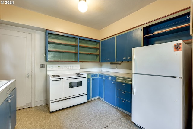 kitchen with white appliances and blue cabinets