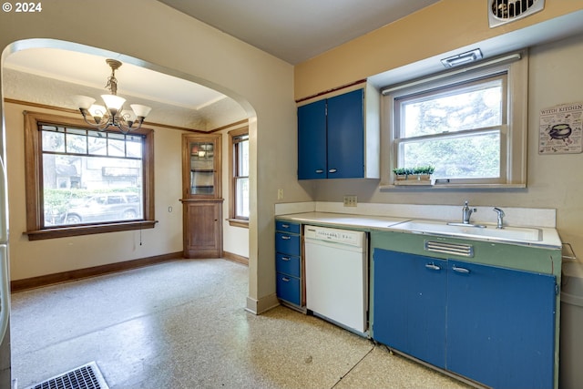 kitchen with pendant lighting, dishwasher, an inviting chandelier, sink, and blue cabinetry