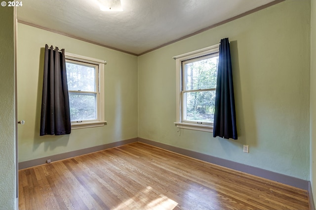 spare room featuring a textured ceiling, light wood-type flooring, plenty of natural light, and ornamental molding