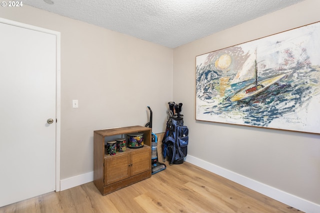 miscellaneous room featuring a textured ceiling and light hardwood / wood-style floors