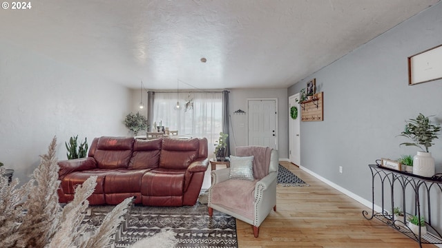 living room with a notable chandelier, light hardwood / wood-style floors, and a textured ceiling