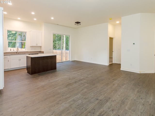 kitchen with a center island, open floor plan, wood finished floors, white cabinetry, and a sink