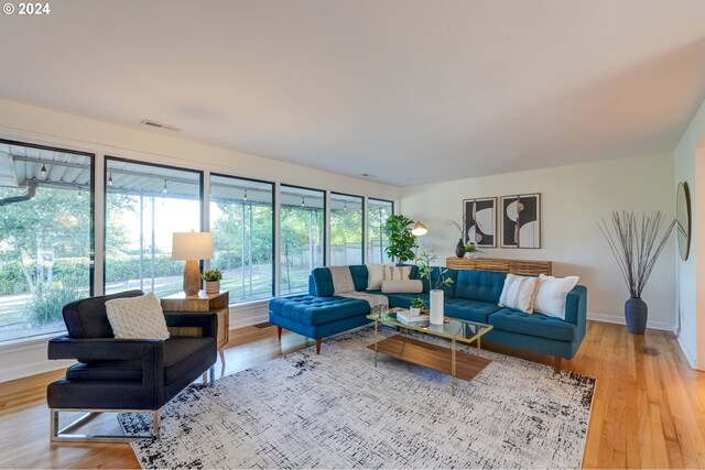 living room with light hardwood / wood-style flooring