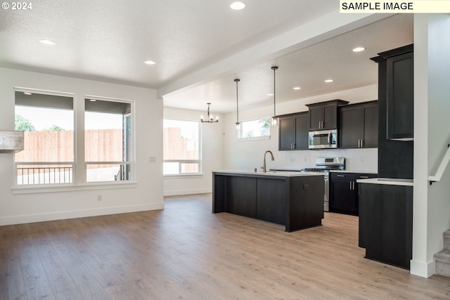 kitchen featuring a healthy amount of sunlight, stainless steel appliances, light hardwood / wood-style floors, and a kitchen island with sink