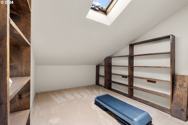 bonus room with lofted ceiling with skylight and carpet