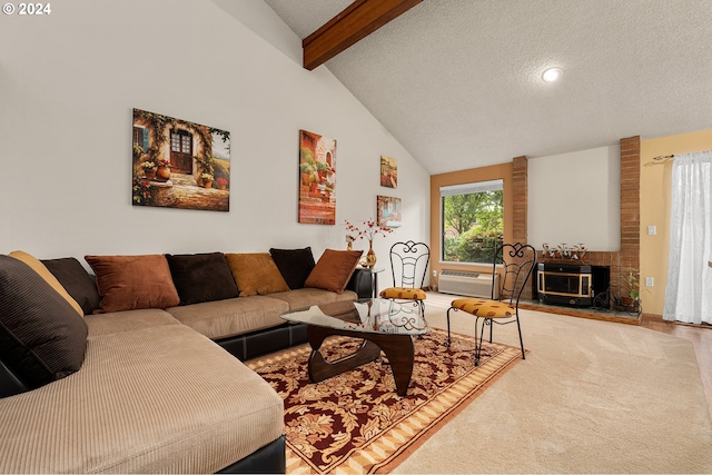 carpeted living room with beam ceiling, high vaulted ceiling, a textured ceiling, and a wall unit AC