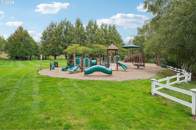 view of jungle gym with a yard