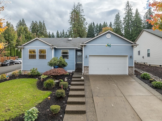 single story home featuring a front yard and a garage