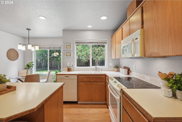 kitchen with white appliances, sink, a healthy amount of sunlight, and light hardwood / wood-style floors