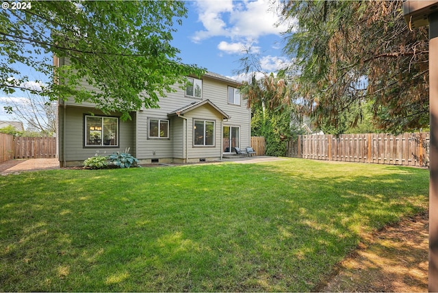 rear view of property featuring a patio and a yard