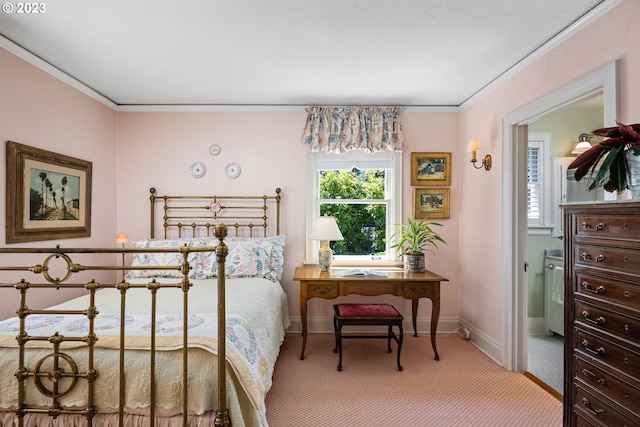 carpeted bedroom with crown molding