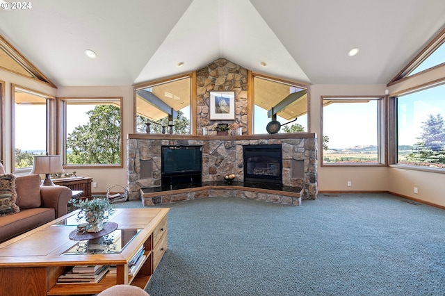 living room featuring carpet flooring, a fireplace, and vaulted ceiling