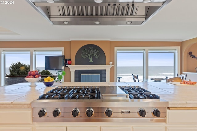 kitchen with a fireplace, a wealth of natural light, crown molding, and stainless steel gas stovetop