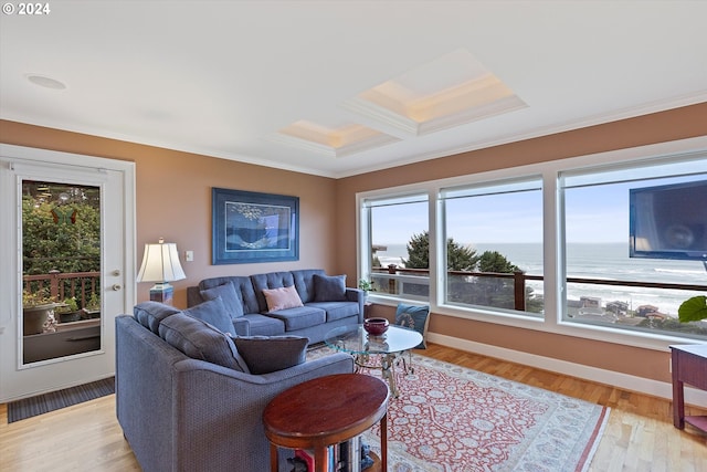 living room with light hardwood / wood-style flooring, plenty of natural light, ornamental molding, and coffered ceiling