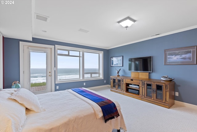 bedroom with carpet flooring and crown molding