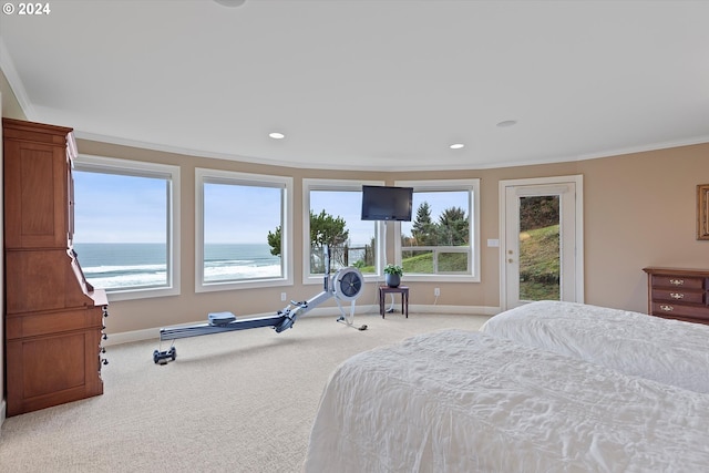 bedroom featuring access to exterior, a water view, light colored carpet, and ornamental molding