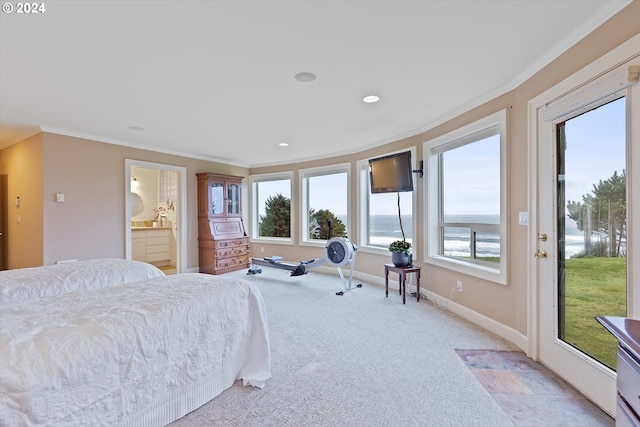 bedroom with ensuite bathroom, access to exterior, ornamental molding, and multiple windows