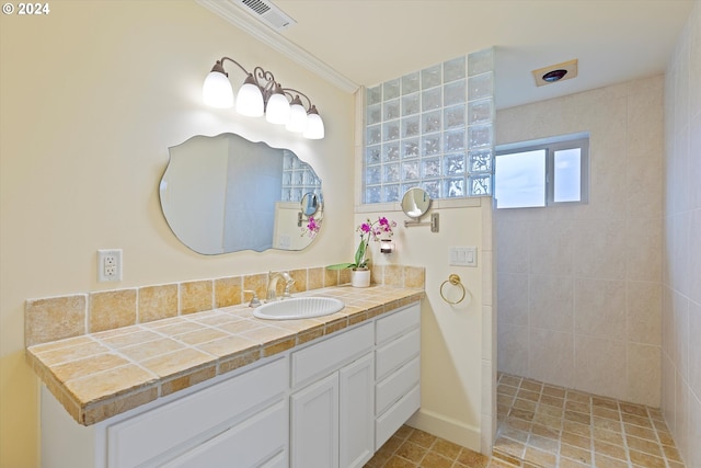 bathroom featuring a shower and vanity