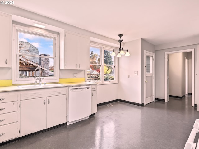 kitchen with white cabinets, sink, a notable chandelier, dishwasher, and hanging light fixtures