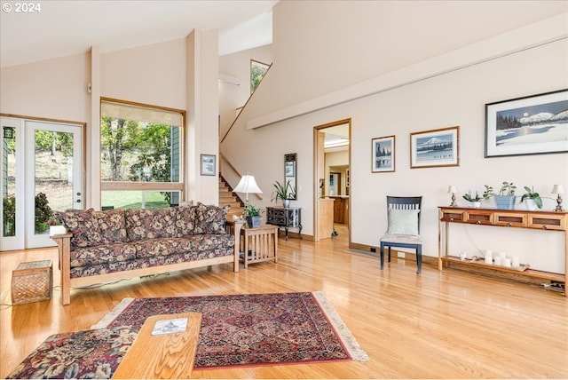 living room with hardwood / wood-style flooring and high vaulted ceiling