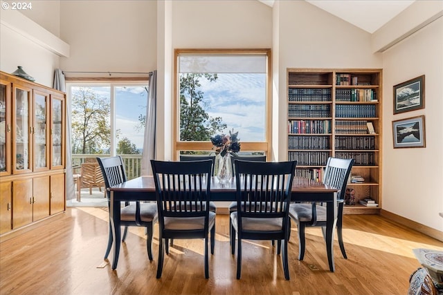 dining room with high vaulted ceiling and light hardwood / wood-style floors