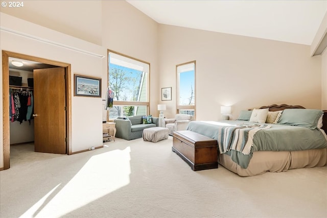 bedroom featuring a spacious closet, high vaulted ceiling, a closet, and carpet flooring