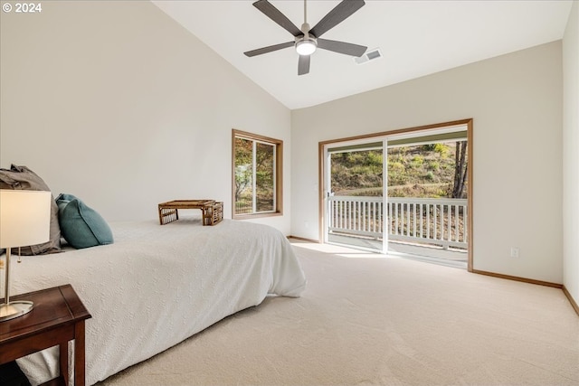 carpeted bedroom featuring access to exterior, high vaulted ceiling, and ceiling fan