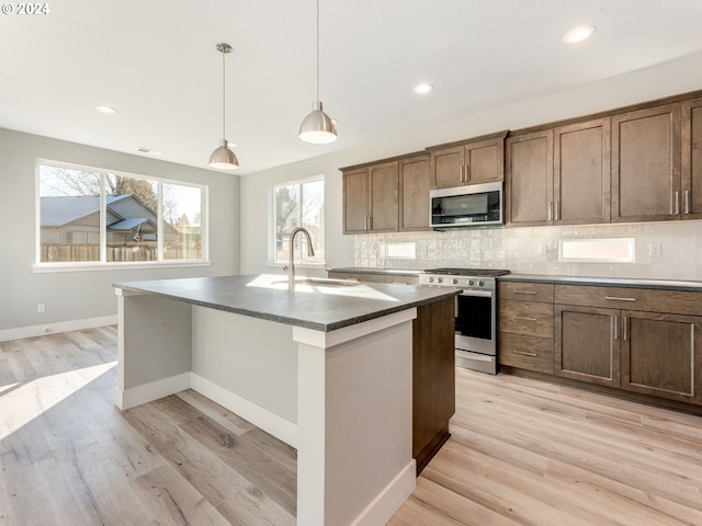 kitchen featuring a kitchen island with sink, sink, light hardwood / wood-style flooring, tasteful backsplash, and stainless steel appliances