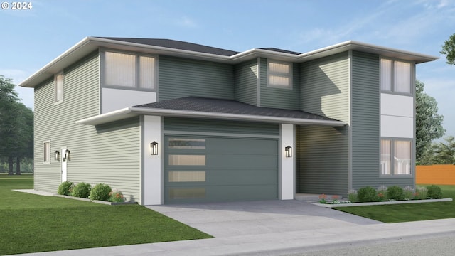 view of front of house with a garage and a front lawn