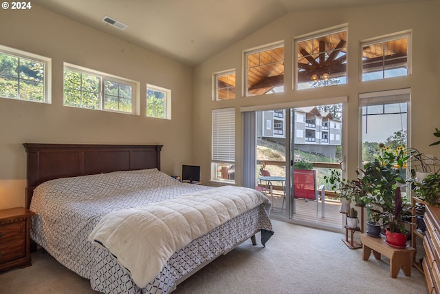 bedroom featuring visible vents, light colored carpet, access to exterior, and vaulted ceiling