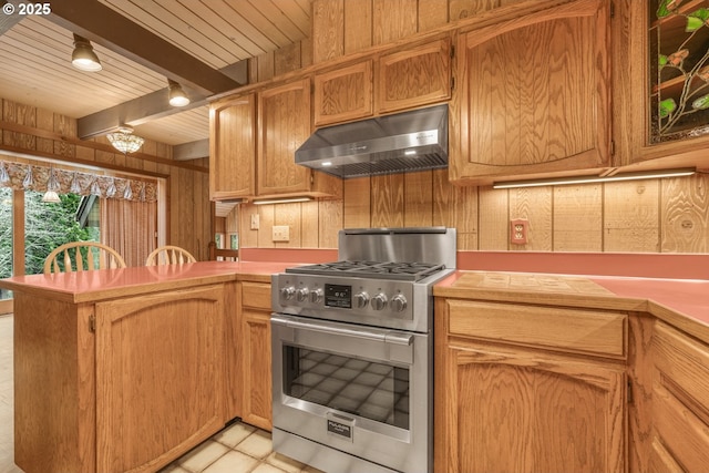 kitchen with wooden walls, high end stove, beamed ceiling, wood ceiling, and kitchen peninsula