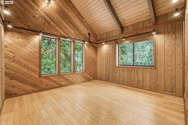 spare room featuring wood walls, wooden ceiling, vaulted ceiling with beams, and hardwood / wood-style flooring