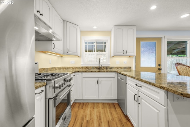 kitchen featuring under cabinet range hood, appliances with stainless steel finishes, white cabinets, and a sink