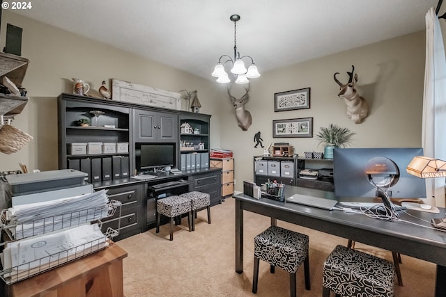 office area featuring light carpet and an inviting chandelier